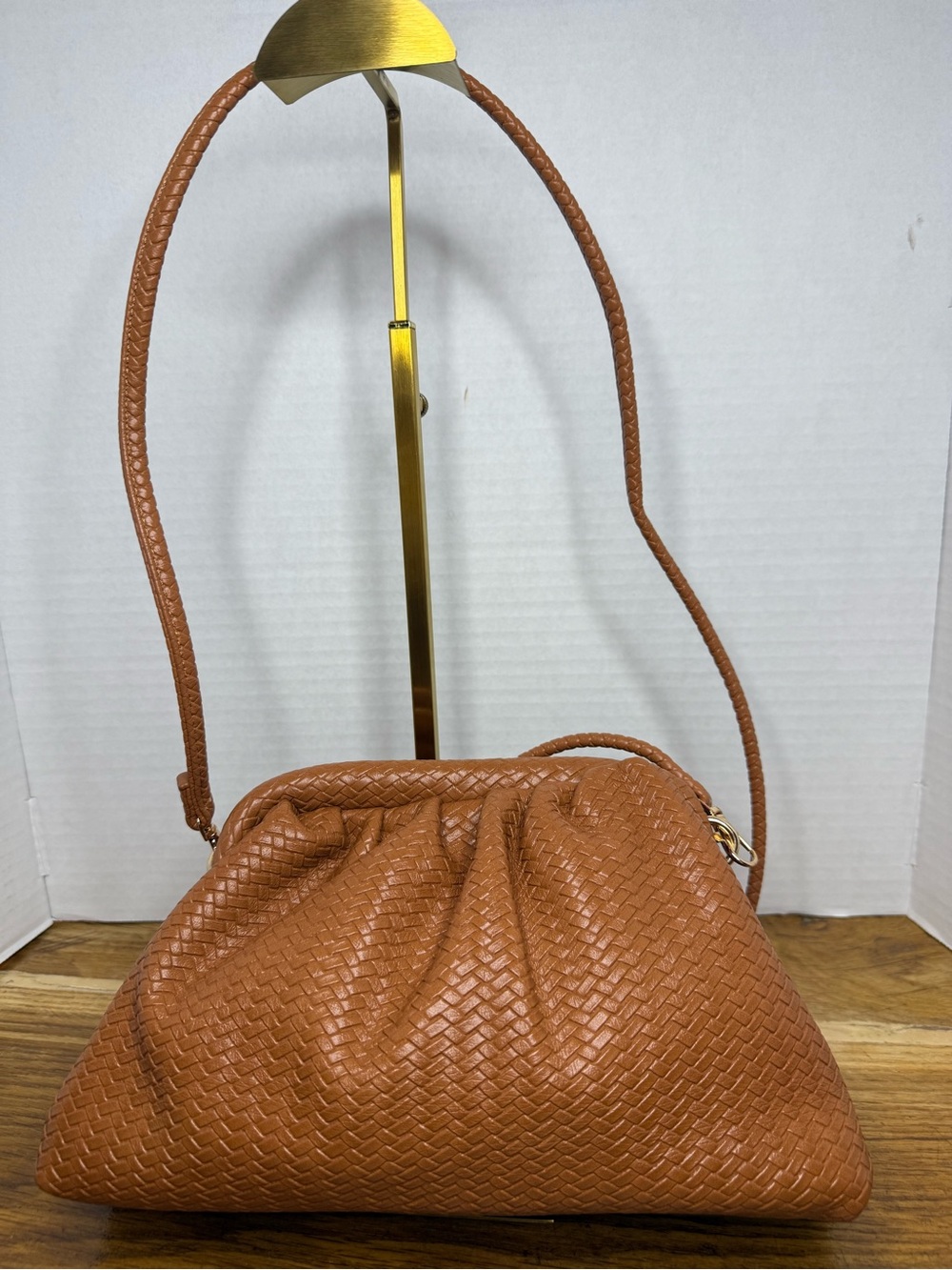 Madison West Cognac Woven Faux Leather Crossbody Clutch EUC